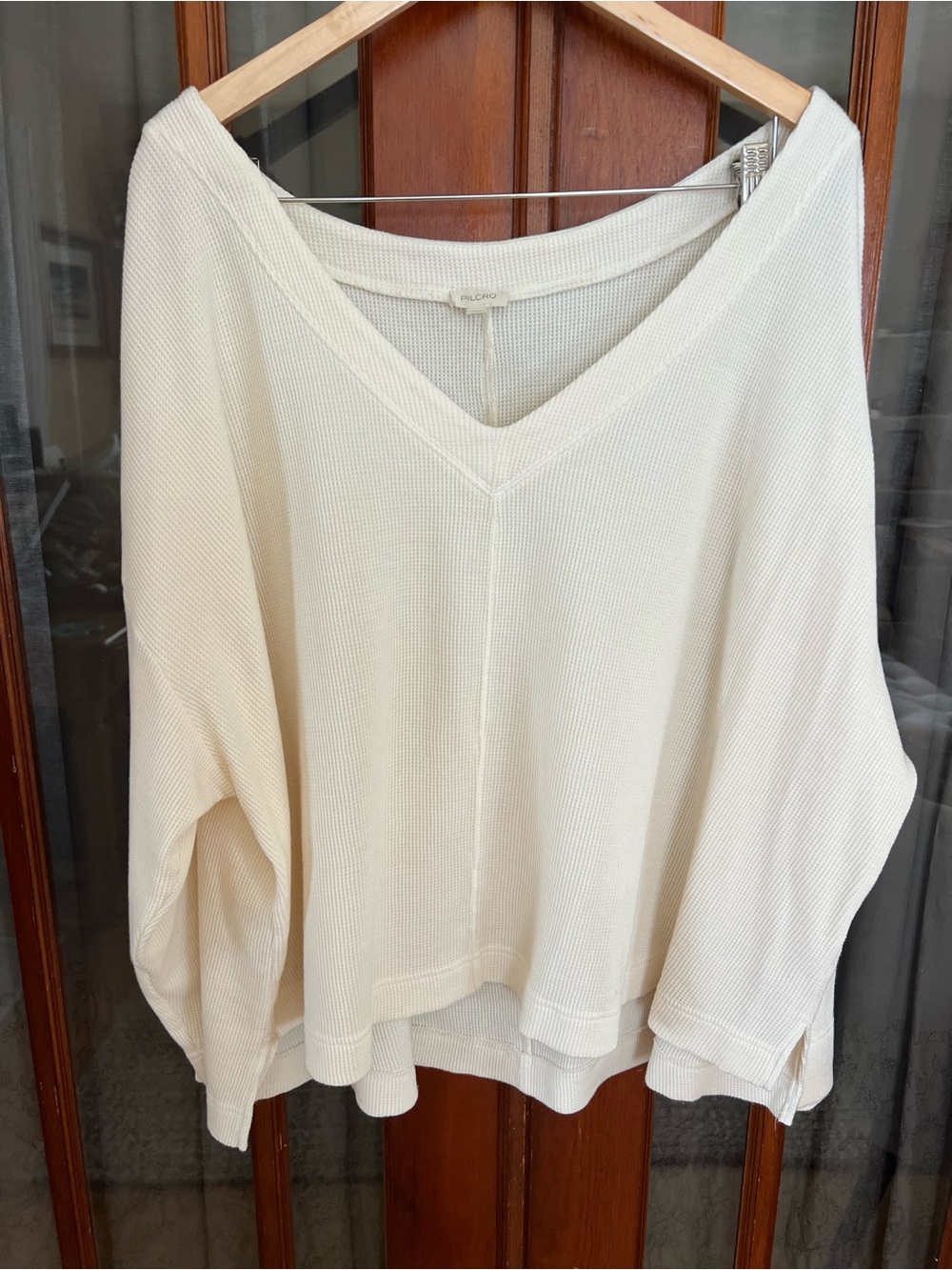 Pilcro Anthropologie Creme Waffle Knit V-Neck Pullover Top Like New Oversized